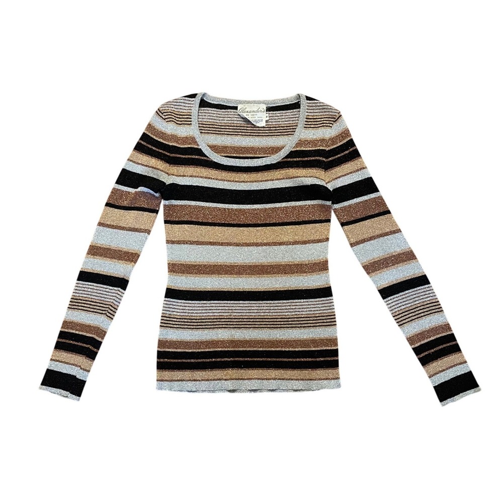 Vintage Alexanders Metallic Top 70s Striped Knit Silver Gold Bronze Black Medium